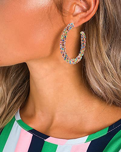 Rhinestone Hoop Earring for Women Sparkly Crystal Wrapped Hoop Dangle Earrings Statement Boho Gold Black Plated CZ Hoop Earring - color: C:Sparkle Colorful