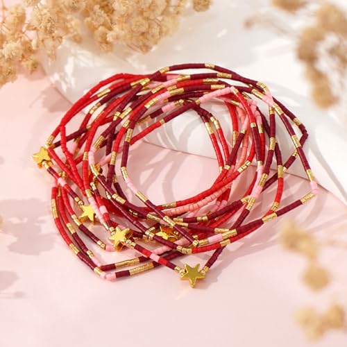 Dainty Gold Beaded Star Bracelets Stack for Women,Handmade Boho Colorful Beads Bracelet Fashion Prom Holiday Jewelry Gift Friendship Family - color: Red