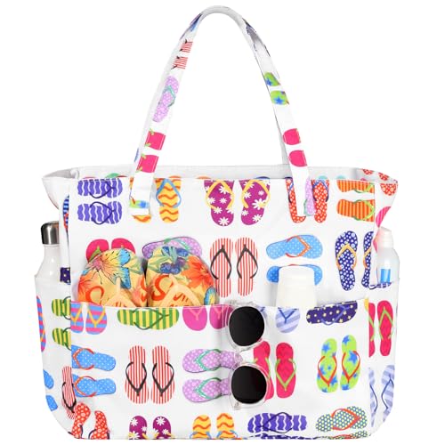 Trifabricy Beach Bags for Women Waterproof Sandproof Women Tote Bag, Large Beach Bag with Zipper for Gym Travel Vocation - color: White Slippers