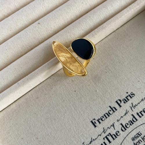 Asymmetry Black Agate Ring for Women Minimalist Open Wrap Thumb Band Gold-Tone Plated Adjustable Promise Rings Comfort Fit Wedding Fashion Unique Statement Eternity Jewelry