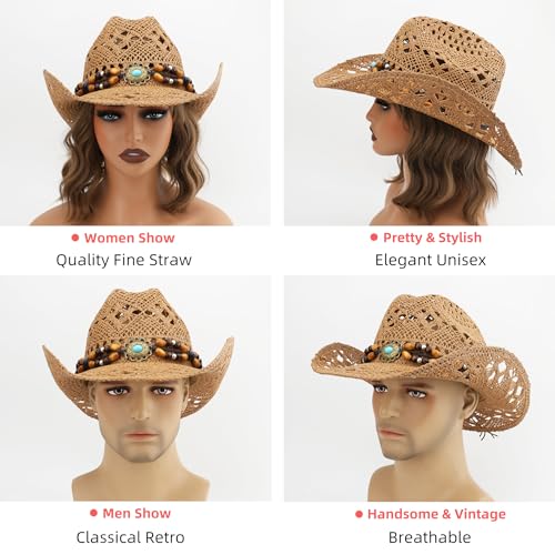 Straw Cowboy Hat, Western Cowgirl Hat, Wide Brim Sun Beach Hat for Men and Women - color: Khaki-m27