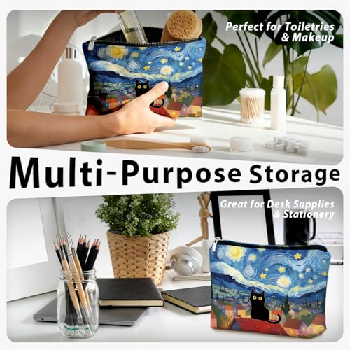 Black Cat Makeup Bag, Black Cat Mom Lovers Lady Gifts Cosmetic Bag for Women, Pet Lover Gifts, Celestial Starry Night Kitten Small Toiletry Bags Zipper Makeup Pouch - color: 02-Cat(08)-Starry Night