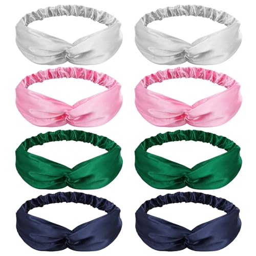 8PCS Silk Headbands, Stretchy Adjustable Satin Headband Elastic Twisted Hair Wrap Twist Knotted Head Band Satin Headwear for Women Girls Hair Accessories