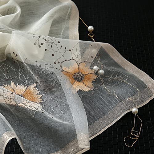 WINCESS YU Women Mulberry Silk Scarf Long & Large Embroidered Floral Pattern Shawl and Wraps Neckerchief for Hair & Neck - color: Sunflower White