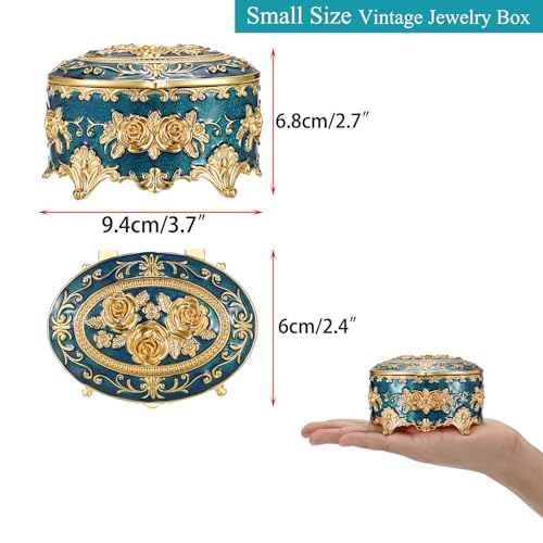 Hipiwe Vintage Metal Jewelry Box - Oval Trinket Box Ring Case with Rose Pattern Jewelry Storage Box for Ring Earrings Necklace, Keepsake Box for Women - color: Blue