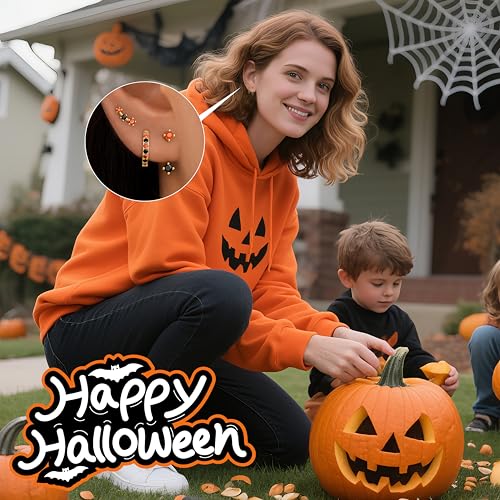 3 Pairs Dainty Small 4th of July Earrings for Women Trendy, Birthstone Stud Huggie Hoop Jacket Stack for Cartilage Helix, Gold Plated Hypoallergenic Cute Women Fashion Accessories Western Jewelry Gifts - color: Halloween Earrings(Gold Orange Black)