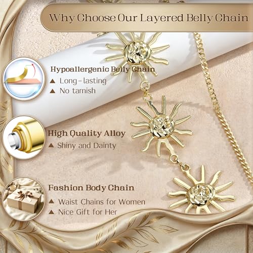 Florideco Waist Chain Belt for Women, Layered Belly Chain, Waterproof Boho Pearl Concho Cuban Body Chain, Adjustable Summer Beach Coachella Fashion Jewelry for Jeans Dresses - style: Gold Plated-Sun&Cuban Chain