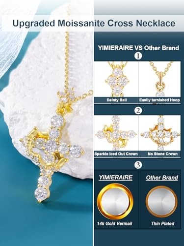 YIMERAIRE Upgraded Moissanite Crown Cross Necklace 14K Gold Vermeil 1.1 Carats Dainty Iced Out Easter Basket Stuffer Cross Jewelry S925 Sterling Silver Simple Gold Christian Faith Moissanite Cross Pendant Necklace For Women - color: 14k Gold Vermeil