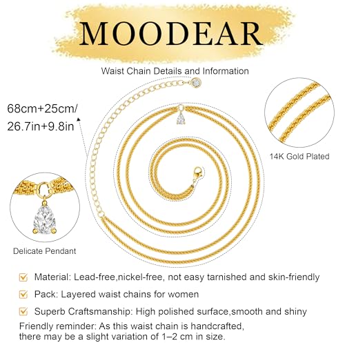 MOODEAR Waist Chain for Women - Waterproof 14K Gold Plated/Silver Layered Belly Beads Body Chains Sexy Bikini Gold Chain Belt for Summer Beach Jewelry Gifts - style: Gold Layered CZ Full Stars