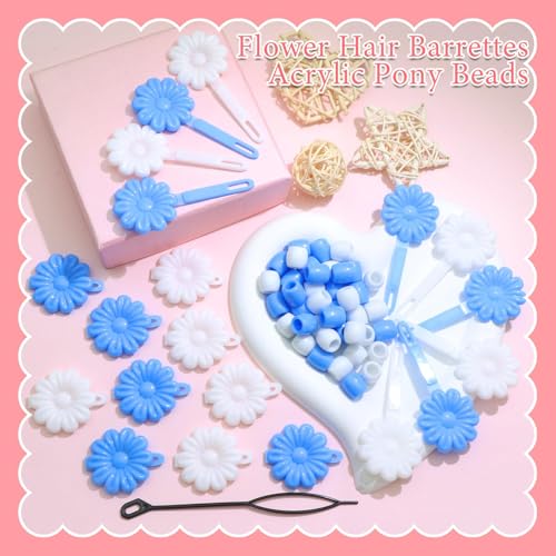 60PCS Hair Beads Blue White Acrylic Pony Bead for Hair Dreadlock Flower Self Hinge Hair Barrettes Cute Braid Beads for Kids Girls 80s 90s Cartoon Plastic Clips Hair Decoration Accessories - color: Blue&White