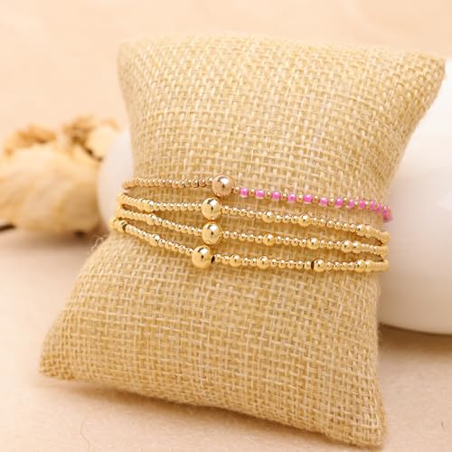 Gold Beaded Stackable Friendship Bracelets Set for Women, Handmade Boho Stretch Summer Jewelry Gift. - color: gold fuchsia