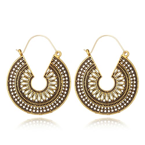 Boho Antique Carved Flower Dangle Drop Earrings for Women Vintage Retro Handmade Hollowed Antiqued Bronze Floral Shaped Geometric Gold Silver Plated Hoop Earrings for Ethnic Style Jewelry Gifts - color: Gold round earrings
