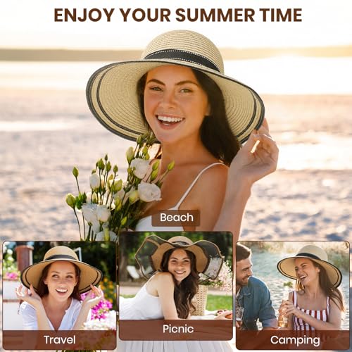 Beach Hats for Women, Wide Brim Sun Straw Hat for Women, Sun Hat UPF 50+ UV Protection - color: Beige Hat