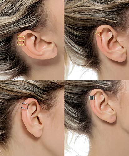 Tornito 4-10 Pairs Stainless Steel Ear Cuff Helix Cartilage Clip On Wrap Earrings Fake Nose Ring Non-Piercing Adjustable - color: A1:10 Pairs, Gold Tone