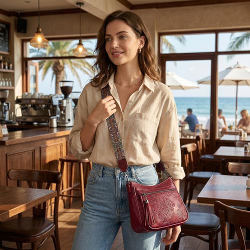 Crossbody Bags for Women, Vegan Leather Medium Crossbody Purse, Spacious Daily Travel Shoulder Bag with Boho Strap - color: Red