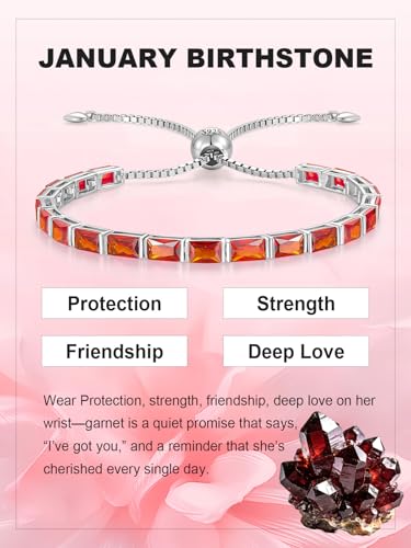 Radiant Cut Birthstone Tennis Bracelets for Women, Adjustable 6–9 Inches White Gold Plated Sterling Silver Bracelet, Hypoallergenic Anniversary Birthday Valentine’s Day Gift for Her - color: 01-Garnet