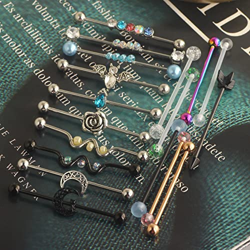 Suotarn 14G Industrial Piercing Jewelry For Women Men Stainless Steel 38 Industrial Barbell Long Cartilage Helix Conch Earrings Stud 14G Gauges Industrial Jewelry Butterfly Heart Cool 7-18pcs - color: mix 18pcs
