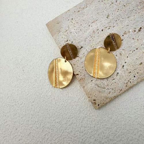 Stud Earrings for Women 14k Gold Plated Geometric Dangle Earrings Lightweight Minimalist Handmade Hammered Texture Oval Disc Drop Double-layer Big Hoop Dangle Earrings for Women - color: Brushed Gold Disc