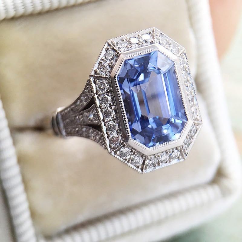 Mnyixsi 925 Sterling Silver Blue Created Sapphire and Moissanite Wedding Engagement Ring Band Bridal Ring Blue CZ Statement Ring Cubic Zirconia Cocktail Ring for Women Size 8 - size: Size 8