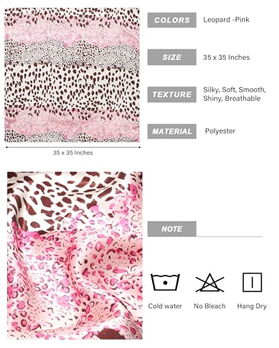 AWAYTR 35” Satin Head Scarf for Women Like Silk Scarf for Hair Scarf Satin Hair Bandana Women Headscarf Hair Wrap Scarf Neck - color: Leopard -Pink