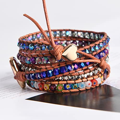 YGLINE Boho Handmade Wrap Leather Tube Crystal Stone Bracelet for Women - color: Chakra 4