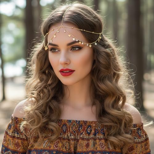Head Jewelry for Women Rhinestone Sequin Gold Head Chain Boho Egyptian Gold Headpiece Hair Accessories for Women Egyptian Hair Accessories Festival Prom Wedding Bridal