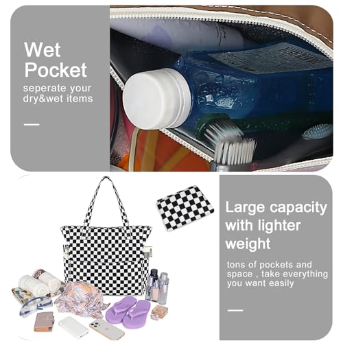 Bluboon Waterproof Beach Tote Pool Bags for Women Ladies Extra Large Carry On Bag With Wet Compartment for Weekender Travel - color: Checked Black White