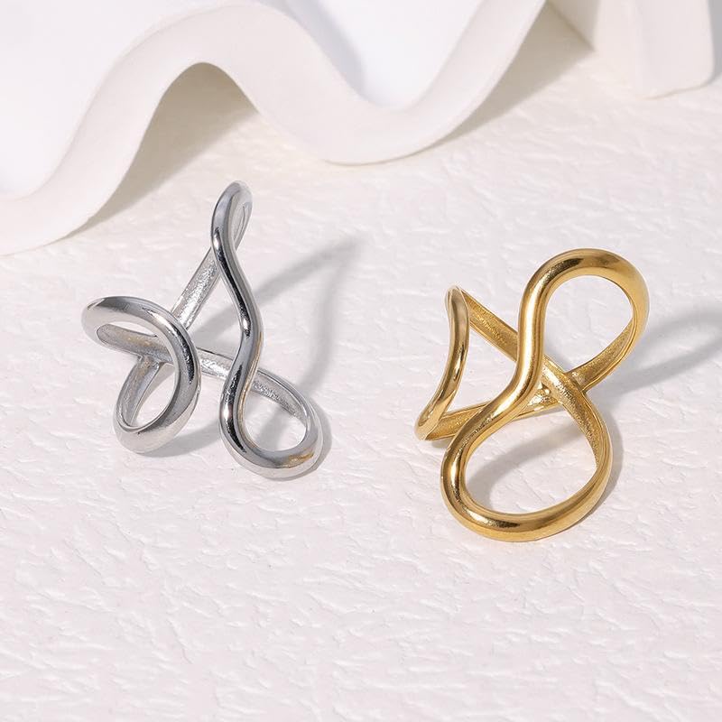Thumb Rings for Women Chunky Gold Rings for Women Non Tarnish Stainless Steel Adjustable Rings Thumb Silver Ring Wave Curve Ring Dainty Unique Rings - style: 1 - silver
