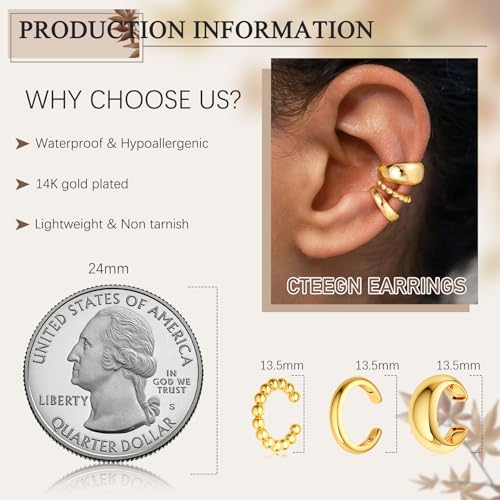 14K Gold/Silver Plated Ear Cuffs Set Dainty Clip Piercing Stack Small Cartilage Hoop Huggie Trendy Tarnish Hypoallergenic Jewelry Gift - style: gold style 2