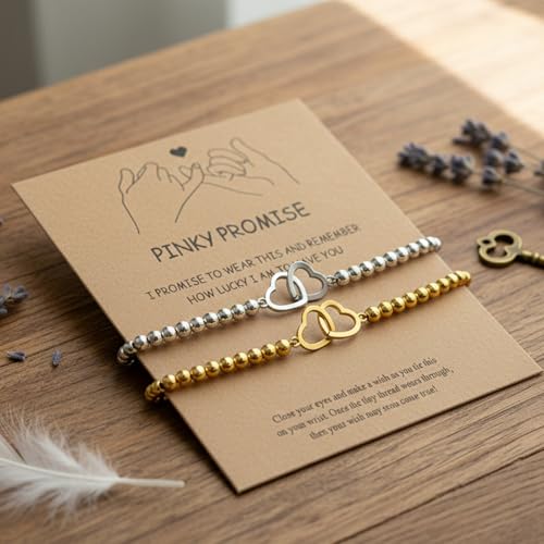 Matching Bracelets for Couple,Gold Silver Beaded Heart Couples Bracelets,Raomantic Relationship Promise Jewelry Gifts for Her - color: Double Heart