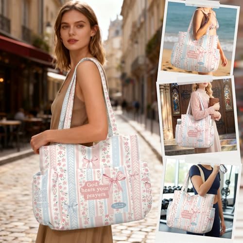 Corduroy Tote Bag for Women,Large Capacity Cute Tote Bags With 6 Pockets,Crossbody Shoulder Handbag for Work Travel Gym - color: Bible Bows