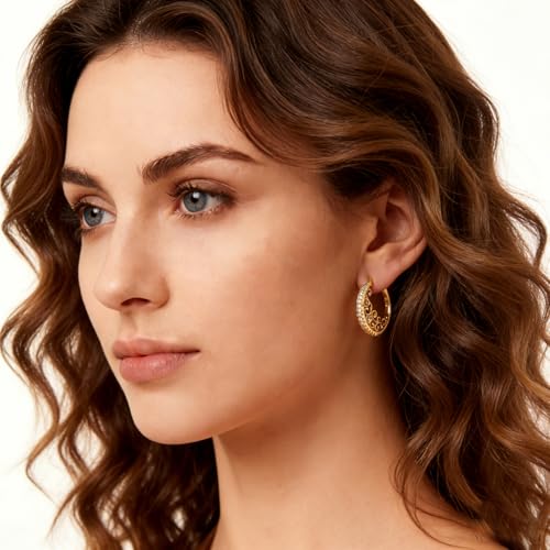 Parmuz 925 Sterling Silver Earrings Hoops for Women Ladies Simple Lightweight Twisted Medium Hoop Earrings With Cubic Zirconia Hypoallergenic Jewelry for Her - color: Gold 6