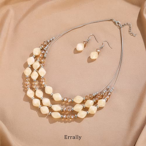3 Layered Chunky Statement Necklace for Women Beaded Strand Necklaces with Earring Fashion Costumes Collar Necklace Jewelry Sets Gifts for Women - color: Champagne