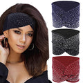 Rhinestone Boho Headbands, 3 Pack Crystal Stretch Turban Headbands with African Cotton Fabric - Fashion Hair Scarfs - color: Navy & Black & Burgundy
