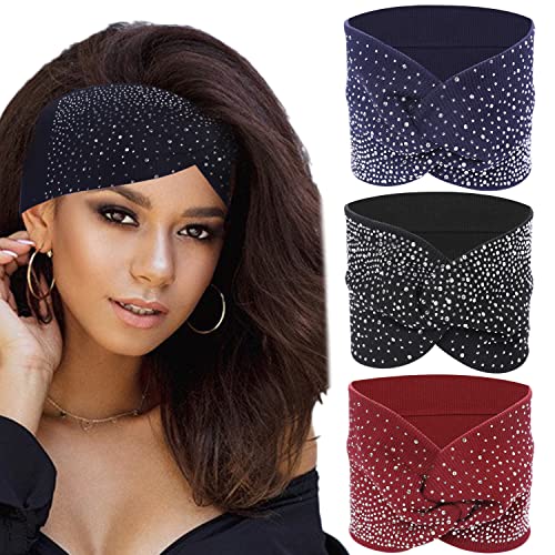 Rhinestone Boho Headbands, 3 Pack Crystal Stretch Turban Headbands with African Cotton Fabric - Fashion Hair Scarfs - color: Navy & Black & Burgundy