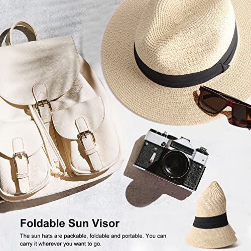 DRESHOW Women Straw Panama Hat Travel Fedora Beach Sun Hat Summer Wide Brim Straw Roll up Hats UPF 50+ - color: Fedora Beige