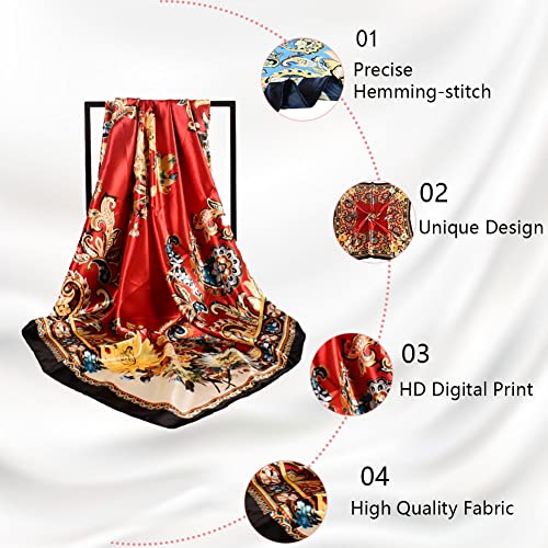 4Pcs Silk Head Scarves for Women Satin Hair Scarf 35”Large Square Bandana Silk Like Neck Scarf Shawl - color: Red/Blue/White/Beige