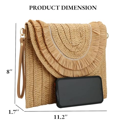 Gets Straw Clutch Purse for Women, Woven Beach Bag Summer Corssbody Purse Small Rattan Shoulder Bag for Travel | Hand-woven - color: Raffia Fringed Khaki