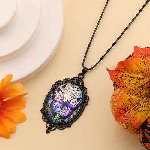 Halloween Gothic Witch Necklaces Cross Glass Pendant Necklace for Women Punk Vintage Black Dark Oval Cameo Necklace Witch Emo Necklaces Halloween Jewelry Witch Accessories 2025 - style: Butterfly