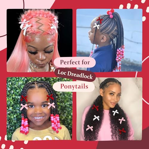 Valentine’s Day Large Hair Beads 45PCS Bow Hair Clips Acrylic Beads for Braids Satin Small Hair Bows Cute Loc Hair Accessories for Women Girls - color: White