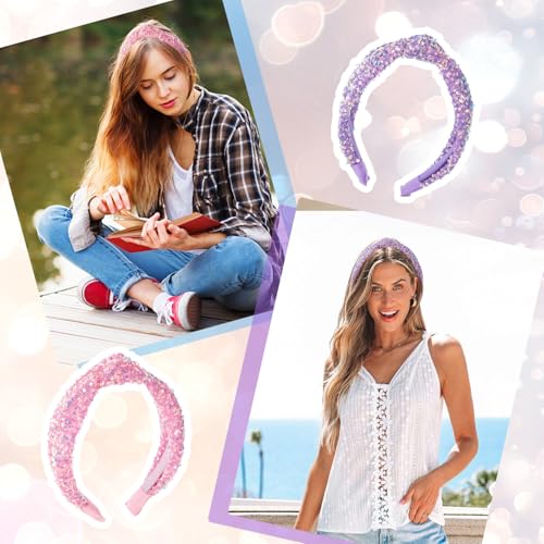 2 Pcs Sequin Knotted Headbands for Women Girls Glitter Sparkly Headbands Fashion Hair Accessories for Christmas Valentine’s Day (Pink and Purple)
