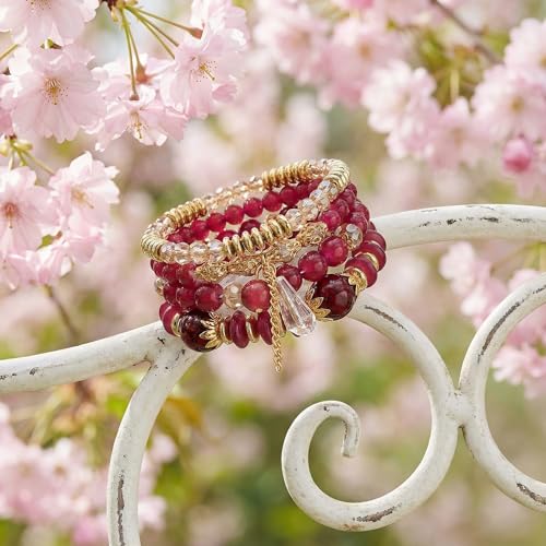 Bohemian Bracelet Sets for Women - 4-Pack Stackable Stretch Bead Bracelets with Black＆White Crystal & Gold Accessories, Multi-Layer Boho Jewelry - color: red
