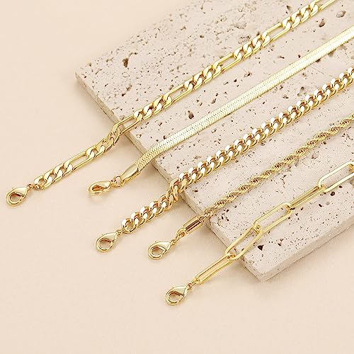 Dearmay Gold Bracelets for Women Waterproof, 14K Gold Plated Minimalist Bracelets Stack Non Tarnish Trendy Dainty Herringbone Vintage Cuban Paperclip Rope Thin Box Link Chain Stackable Jewelry Sets Modern Fashion Accessories Gifts for Womens - style: 5Pcs