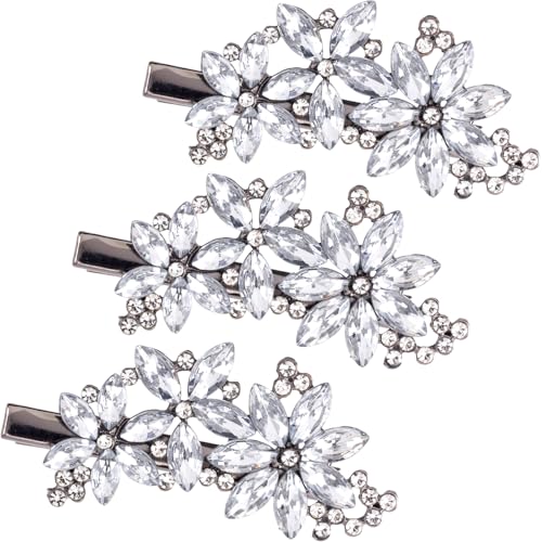 PAGOW 3pcs Silver Flower Rhinestone Hair Clips, Bling Crystal Hair Barrettes Clips for Women, Glitter Flower Bridal Headpiece Accessories for Wedding Birthday Parties - color: Silver 3pcs-B Style
