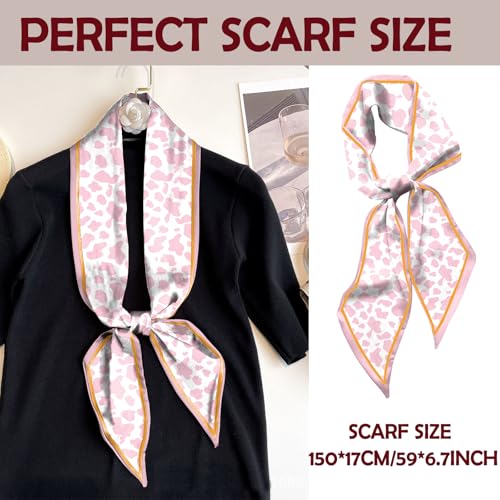 Hair Head Scarf Silk Feeling Long Satin Neck Satin Scarves for Handbag Cute Aesthetic Decoration Women Girls 59 * 6.7” - color: Y8-pink Cow