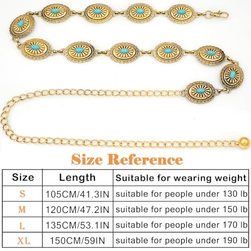 Women's Concho Chain Belt Western Cowgirl Metal Waist Chain Belt for Dress - color: B Gold, size: M: 47.2 in