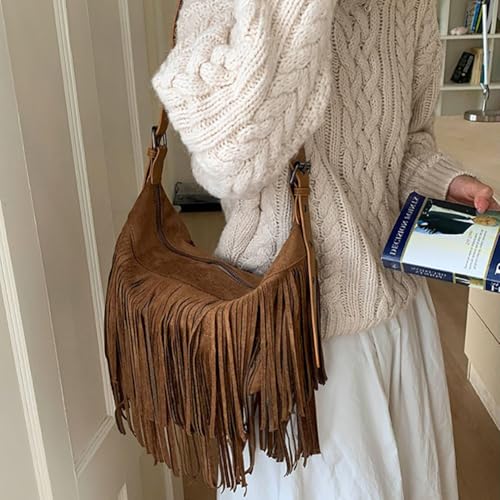 Fringe Genuine Suede Leather Hobo Bag Adjustable Crossbody Shoulder Bag Boho Retro Tassel Handbag Gift Box - color: Brown