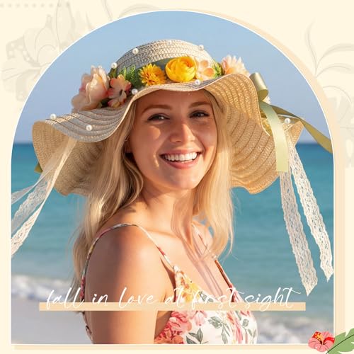 6 Sets DIY Tea Party Straw Hats Kit DIY Straw Hat for Women Blank Sun Hats - style: Vivid Flower