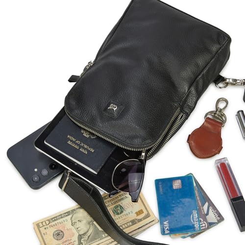 Leather Sling Bag for Women Genuine Crossbody Purse Small Trendy Cross Over Chest with Phone and Credit Card Slots (Black Nappa) - color: Black Nappa