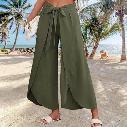 Wide Leg Tie Belted Linen Capri Pants for Women Casual High Waist Irregular Split Hem Palazzo Cropped Trousers - color: Army Green, size: 3X-Large